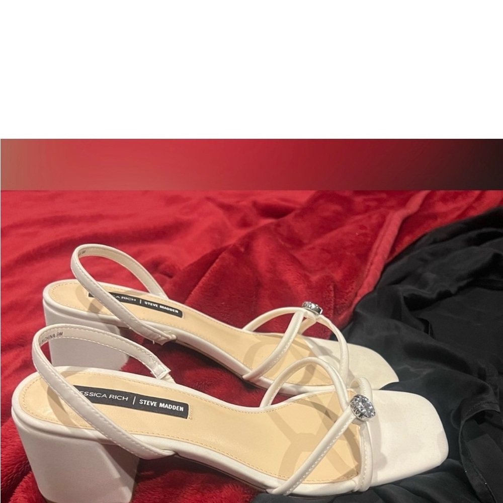 Steve Madden “Anya” White Block  Heels rhinestone Detail Slingback Size 9